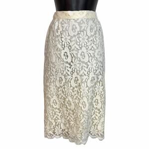 VINTAGE 80s 90s LACE OVERLAY PENCIL MIDI SKIRT CREAM SCALLOPED HEM SIZE 9 10